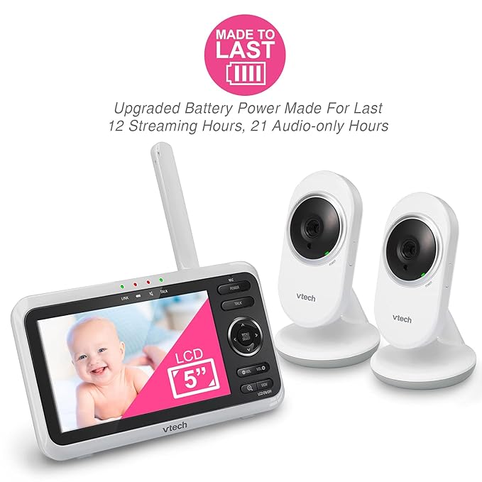 VTech [Upgraded] VM350-2 Baby Monitor, 5" Screen,2 Cameras,1000ft Range, Night Vision, 2-Way Audio, Lullabies, Secure Transmission No WiFi