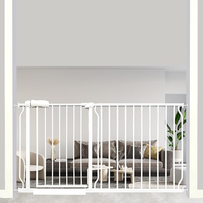 57.5-62 Inch Extra Wide Baby Gate, Auto Close Safety Gate for Kids & Pets, Pressure Mounted No Drill for Indoor Stairs, White Metal with Extension Kit