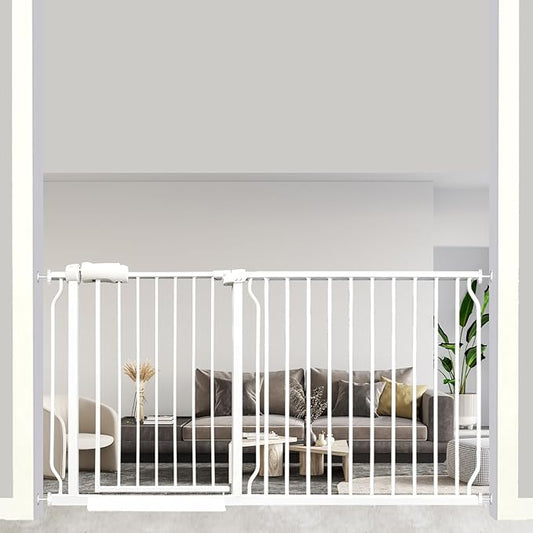 57.5-62 Inch Extra Wide Baby Gate, Auto Close Safety Gate for Kids & Pets, Pressure Mounted No Drill for Indoor Stairs, White Metal with Extension Kit