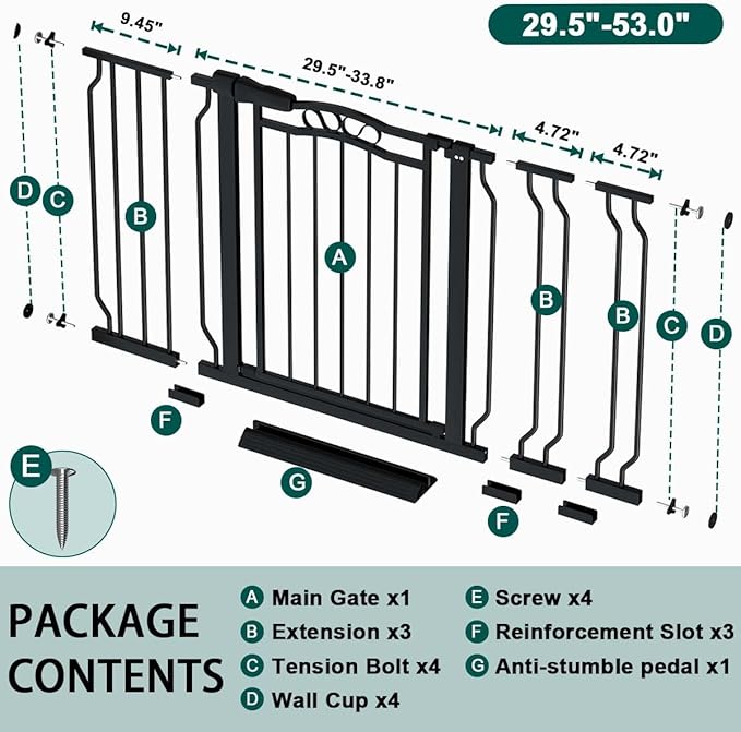 Fairy Baby 29.5"-53.1" Extra Wide Baby Gate for Doorways, Stairs Gate for Kids Toddler, Pressure Mounted Safety Child Gate Pet Barrier Fence Indoor, Walk Thru Auto Close Metal Dog Garden Gate, Black