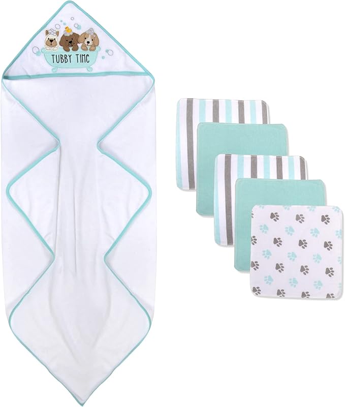 Baby Hooded Towel and Washcloth Set for Infants, Boys and Girls 6-12 Months (Pristine Pups)