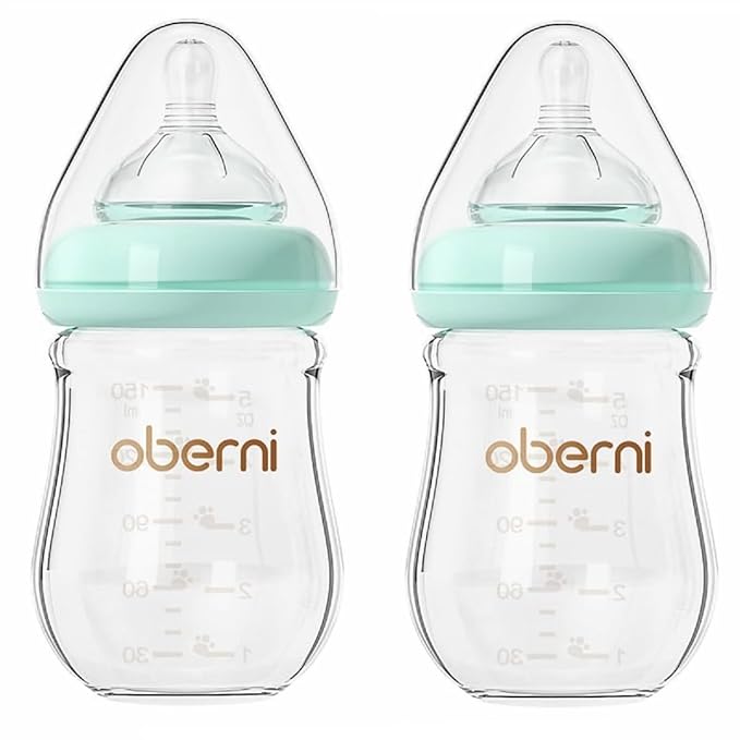 Glass Baby Bottles, Anti Colic Breastfeeding Bottle with Natural Response Nipple for Newborn Preemie 0+ Month, BPA Free, Wide Neck, Blue/2Pack/5oz