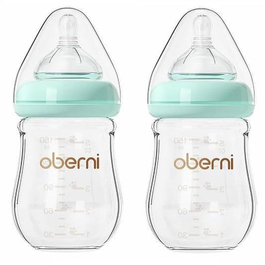 Glass Baby Bottles, Anti Colic Breastfeeding Bottle with Natural Response Nipple for Newborn Preemie 0+ Month, BPA Free, Wide Neck, Blue/2Pack/5oz