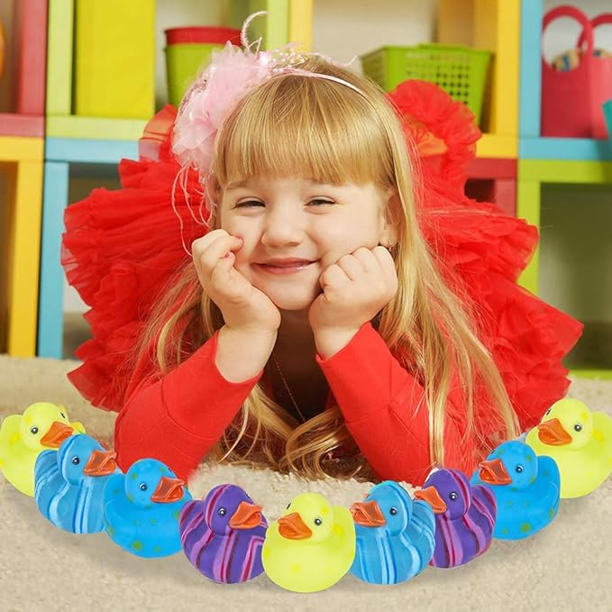 ArtCreativity Multicolored Pattern Rubber Duckies for Kids, Pack of 12 Cute Duck Bath Tub Pool Toys, Fun Carnival Supplies, Birthday Party Favors for Boys and Girls