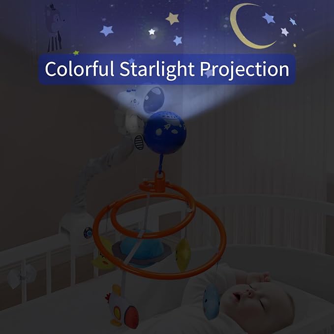 Baby Crib Mobile with Music and Lights, Space Baby Mobile for Crib with Remote Control, Spaceman Nursery Decor Hanging Plush Crib Toys for Newborn Boys and Girls Infant Babies 0-6-12 Months