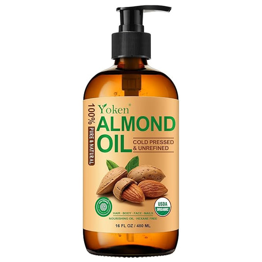 Organic Almond Oil 16 fl oz, USDA 100% Pure Cold Pressed Almond Oils in Glass Bottle, Natural Moisturizer for Face, Hair & Body, Ideal Carrier Oil for Skin Care, DIY Beauty & Soothing Massage