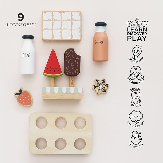 Le Toy Van – Wooden Stand Alone Fridge Freezer Set | Grand Free Standing Refrigerator & Freezer with Accessories Pretend Play Set – Suitable for 36+ Months