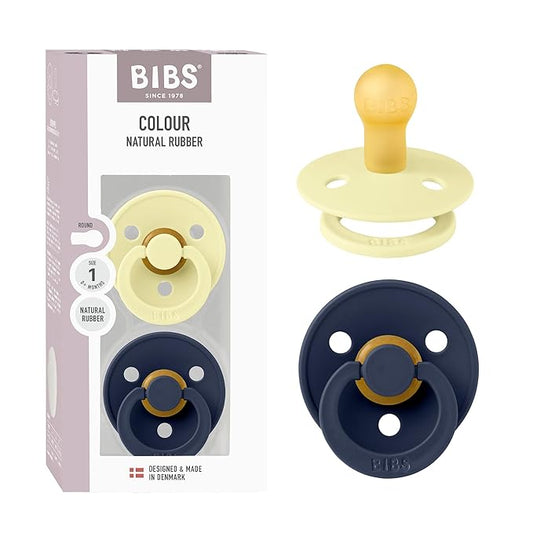 BIBS Colour Pacifier 2-Pack, BPA Free, Round Nipple. Natural Rubber Latex, Made in Denmark, Size 1 (0-6 Months) - Luna/Deep Space