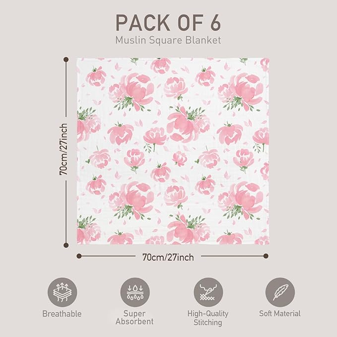 GLLQUEN BABY Receiving Blanket Boy Cotton Muslin Swaddle Blankets Girl Newborn Squares Breathable & Soft Thin Baby Blankets Cloths Double Absorbent Infant Swaddling Wrap - 6 Pack (Flower)