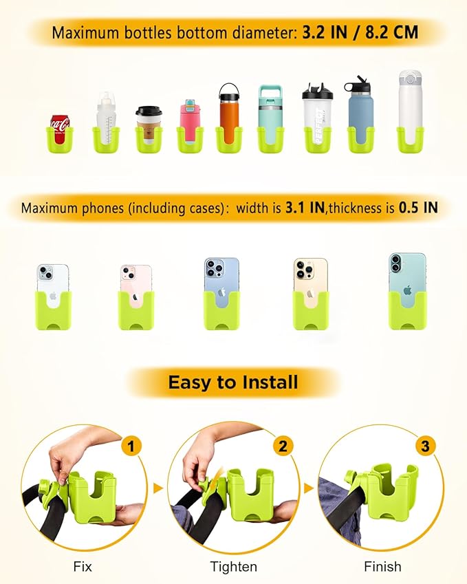 Universal Stroller Cup Holder with Mobile Phone Case, 2-in-1 Strollers Storage Rack, 360 Degrees Rotation Drink Holder for Bike, Pushchair, Wheelchair, Walker,Bicycle, Fits Most Cups (Green)