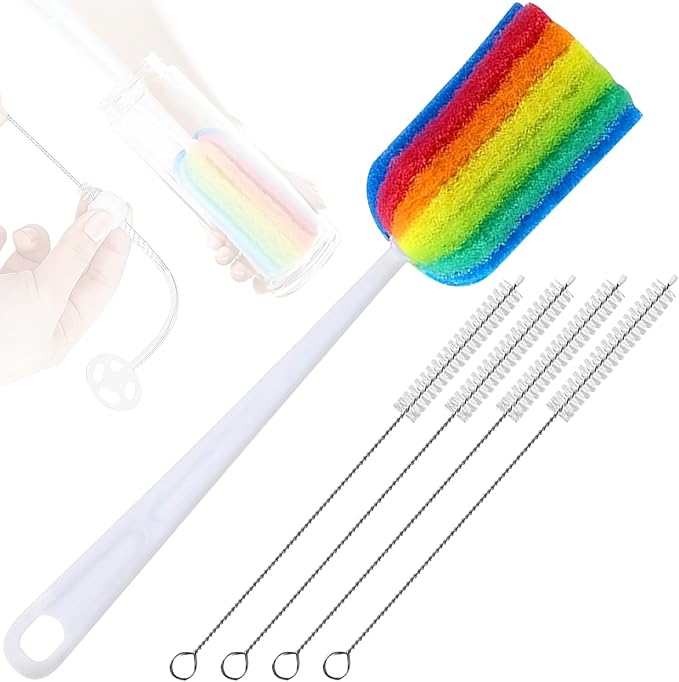 Bottle Brush with Straw 4PCS Sponge Cleaning Long Handle Scouring Pad Scrub for Kitchen Clean Baby Bottle Glasses Mugs Cups (1PCS+Straw Brush 4PCS)