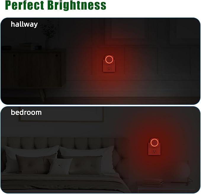 LED Night Lights Plug into Wall, Indirect Soft Dimmable Night Light with Dust to Dawn Sensor, Red Nightlight for Bedroom,Bathroom,Kitchen,Stairs,Hallway,Travel, 4 Packs, Red