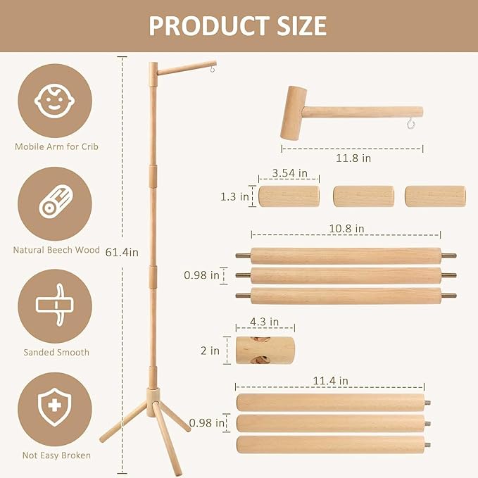 Floor-Standing Crib Mobile Arm - 61.4 Inch Wooden Mobile Arm for Crib - Movable Baby Mobile Hanger with Strong Anti-Dumping Attachment - 100% Beech Wood - Easy Assembly - Nursery Decor