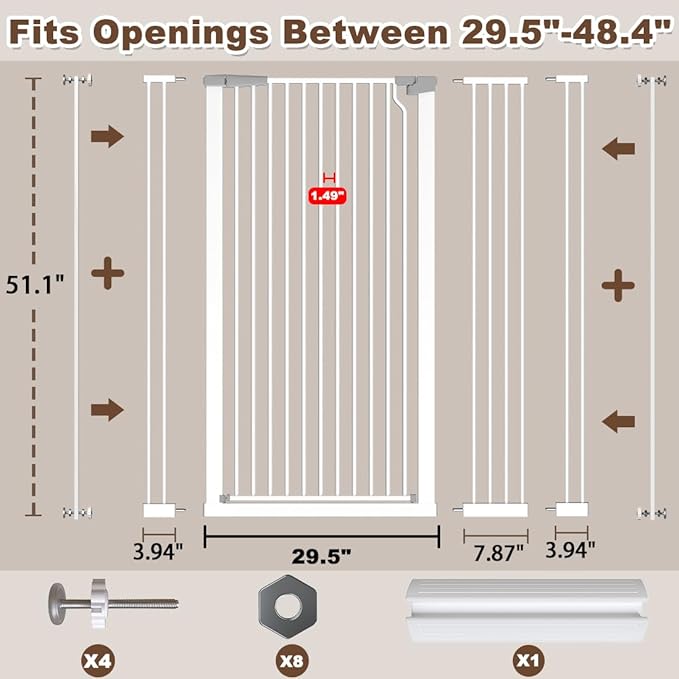Fairy Baby 51.18" Extra Tall Baby Gates for Doorways, 29.5"-48.4" Extra Wide Safety Child Gates for Cats Dogs, Metal Auto Close Stair Gates Indoor for Kid or Pets No Drilling Pressure Mount Kit, White