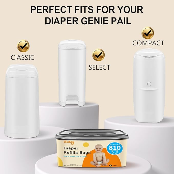 Jumbo Square Refill Compatible with Diaper Genie Classic,Compact and Select Pails,Odor Control & Durable,Holds Up to 810 Newborn Diapers,Plant Scented Disposal Bag Refills with Continuous Film（3 pack）