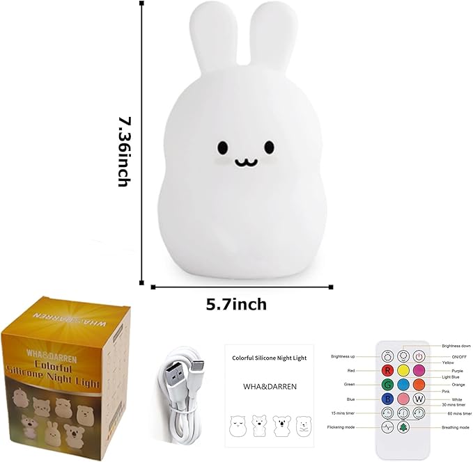WHA&DARREN Large Rabbit Night Light for Kids,Cute Baby Night Light, Silicone Bedside Lamp,Sleep LED Lights, Eye Caring, Adjustable Brightness & Color, Time Setting, Touch Control & Remote Control