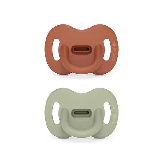 Color Essence SX PRO Silicone Baby Pacifier 2Pk, Made with 100% Soft Silicone, Baby Essentials Perfect for Breastfeeding Babies, Designed in Spain, 6-18 Mths, Orange/Green