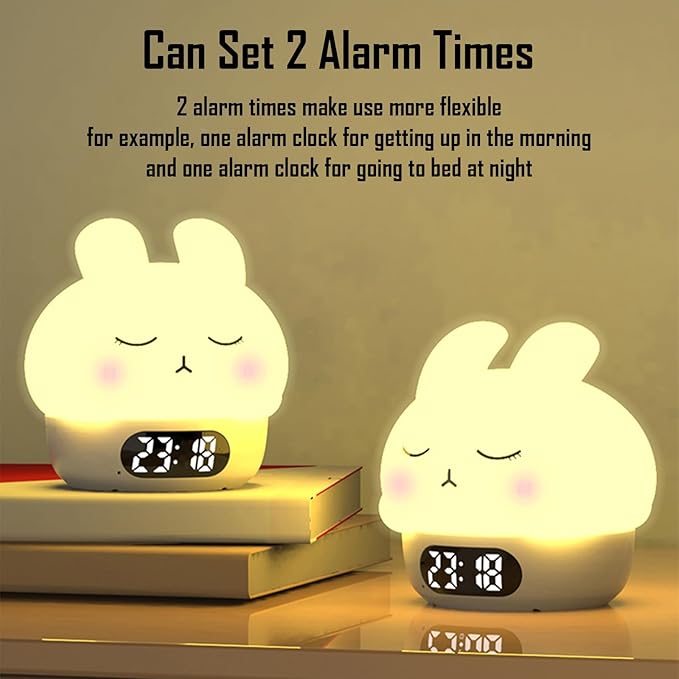 Cute Bunny RGB Rechargeable Night Light, Soft Silicone Lampshade, Adjustable Brightness LED Clock, Date, Alarm, Thermometer, Timer, Tap Control, Bedroom Lamp, Gift for Girl and Kid (White Bunny)
