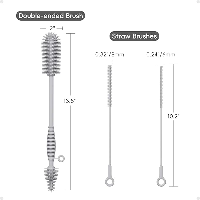 Silicone Cleaning Brush Kit,Water Bottle and Straw Cleaner Brush Set for Tumbler,Baby Bottle,Breast Pump Part,Nipple,Sippy Cup,Glass,Dishwasher Safe,BPA Free,3 Pcs