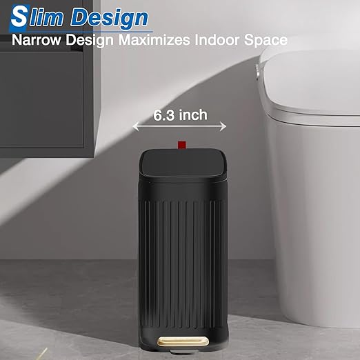 Small Bathroom Trash Can with Air Freshener Soft Close Lid, 6 Liter/ 1.6 Gallon Stainless Steel Garbage Can with Removable Inner Bucket, Step Pedal, Slim Wastebasket for Bedroom, Toilet, Office,Black