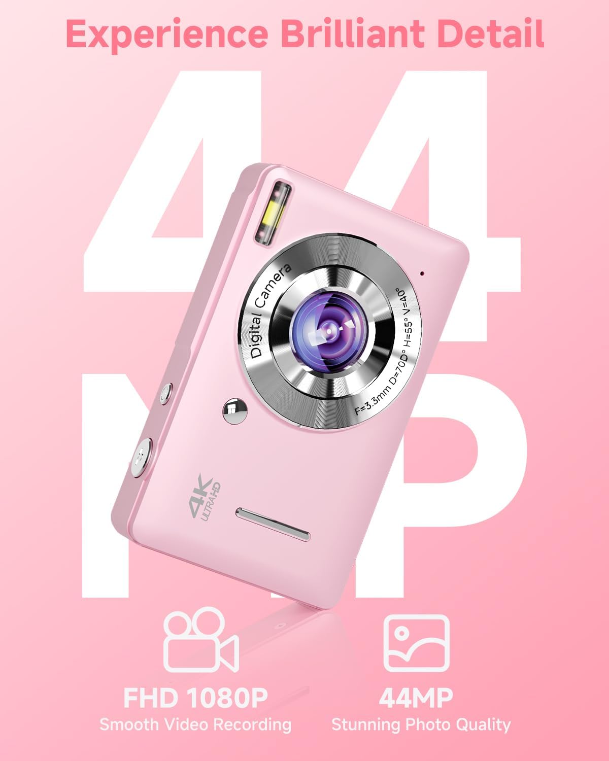 Digital Camera, 44MP FHD 1080P, 16X Zoom, 32GB SD Card, Compact Camera for Kids Teens Adults, Pink