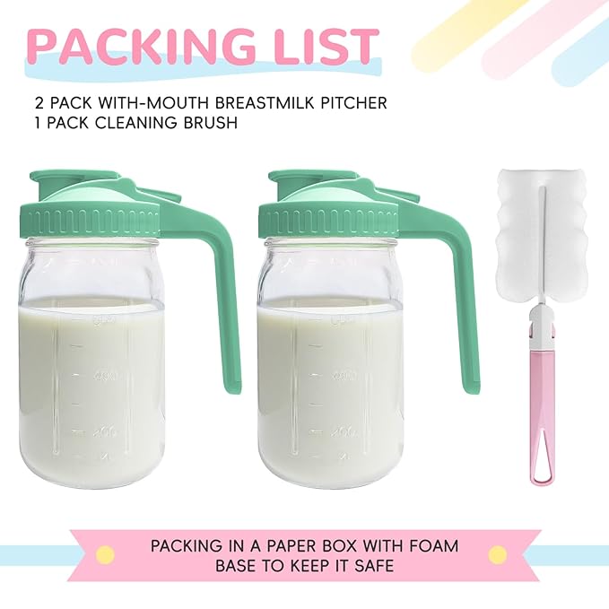 2 PACK Breast Milk Pitcher 32OZ Glass Breastmilk Pitcher with Lids Leak-proof Wide-mouth Storage Jars for Breastmilk, Resistant to Heat or Cold, Freezer-safe (Green)
