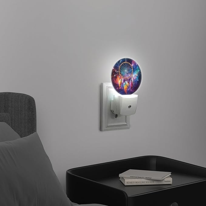 Round LED Night Lights Lamp with Dusk to Dawn Sensor, Colorful Dreamcatcher with Feathers in The Center Night Light Plug Into Wall for Kids Room, Bedroom, Bathroom, Kitchen, Hallway