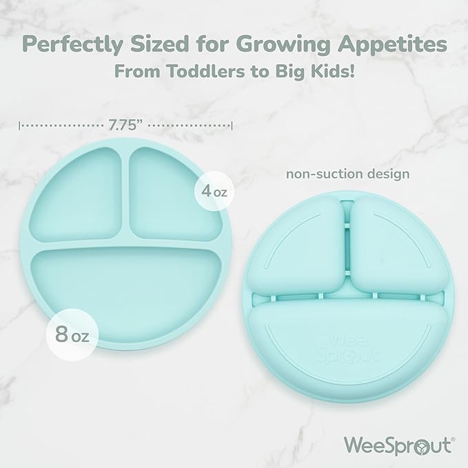WeeSprout Silicone Divided Plates (With Lids), 100% Food Grade Silicone Divided Plates for Toddlers & Kids, Dishwasher & Microwave Safe