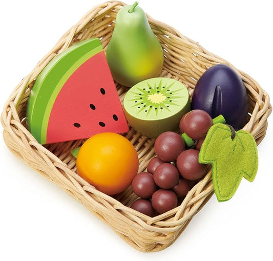 Tender Leaf Toys - Fruity Basket - 6 Pcs Solid Wood Fruits with Hand-Crafted Basket, Pretend Food Toy Playset Supermarket Shopping Game Play Kitchen Farmer's Market Accessories for Kids - Age 3+