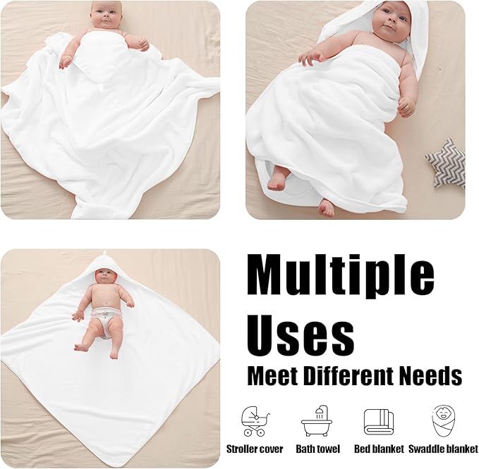 Hooded Baby Towels for Newborn 2 Pack,Extra Large 37.4 * 37.4Inch,Baby Essentials,Soft and Absorbent Hooded Towels for Babies,Toddler,Infant Bath Towel for Boy Girl,Grey and White.