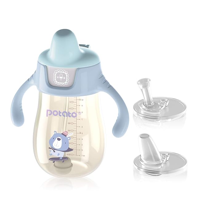 POTATO Sippy Cups for Toddlers with Straw Spill Proof, PPSU Learner Cup with Handle for Boy, Water Bottle for Baby 6 Months with 2 Type of Spout, 10 Ounce Blue