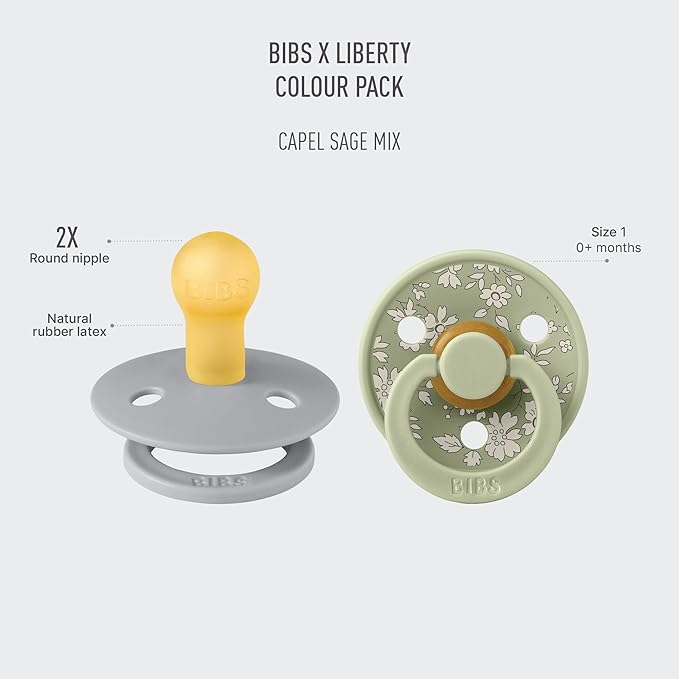 BIBS Colour Liberty Soother 2-Pack, BPA Free Dummy Pacifier, Round Nipple. Natural Rubber Latex, Made in Denmark, Size 1 (0-6 Months), Capel Sage
