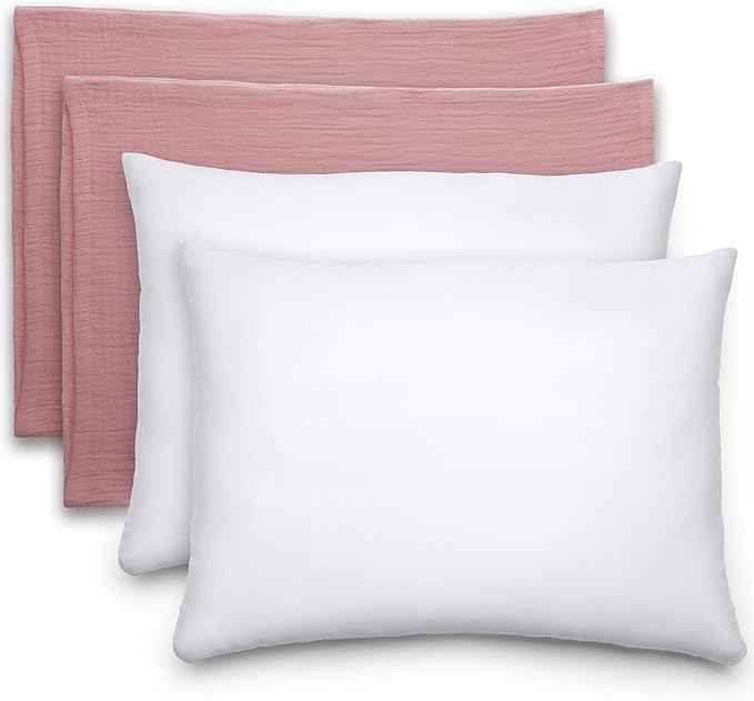 Comfy Cubs Toddler Pillow with Muslin Pillowcase, 13 x 18 in, 2 Pack - Travel and Sleep Support for Kids - Lightweight, Breathable Microfiber Fill - Soft and Cozy Small Pillow for Toddlers - Mauve