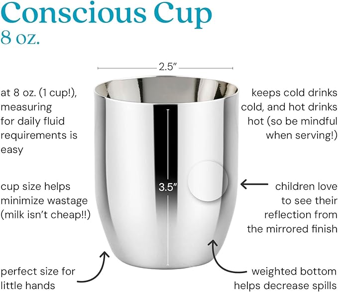 Ahimsa Stainless Steel Kids Cup - Pediatrician Designed Toddler Cups for Open Cup Training, 8oz, 100% BPA Free & Dishwasher Safe (Classic Single)