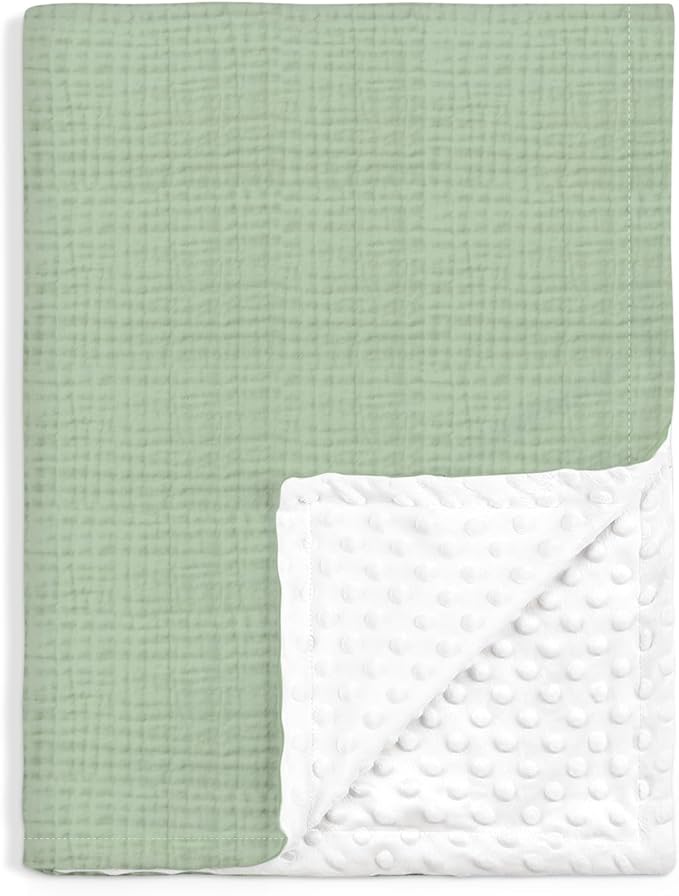 Baby Blankets for Boys Girls, Soft Nursery Minky Blankets with Muslin and Dotted Fleece Back 30x40 inches, Receiving Bed Quilt for Newborn, Infants, Toddlers (Green)