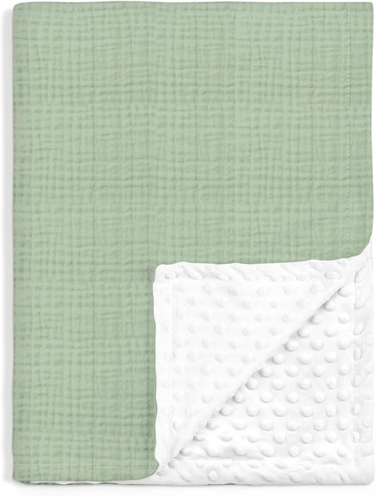 Baby Blankets for Boys Girls, Soft Nursery Minky Blankets with Muslin and Dotted Fleece Back 30x40 inches, Receiving Bed Quilt for Newborn, Infants, Toddlers (Green)