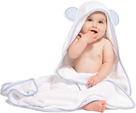 Fishers Finery Bamboo Viscose Baby Hooded Bath Towel & Washcloth Set - Unique Mitten Design (Blue)