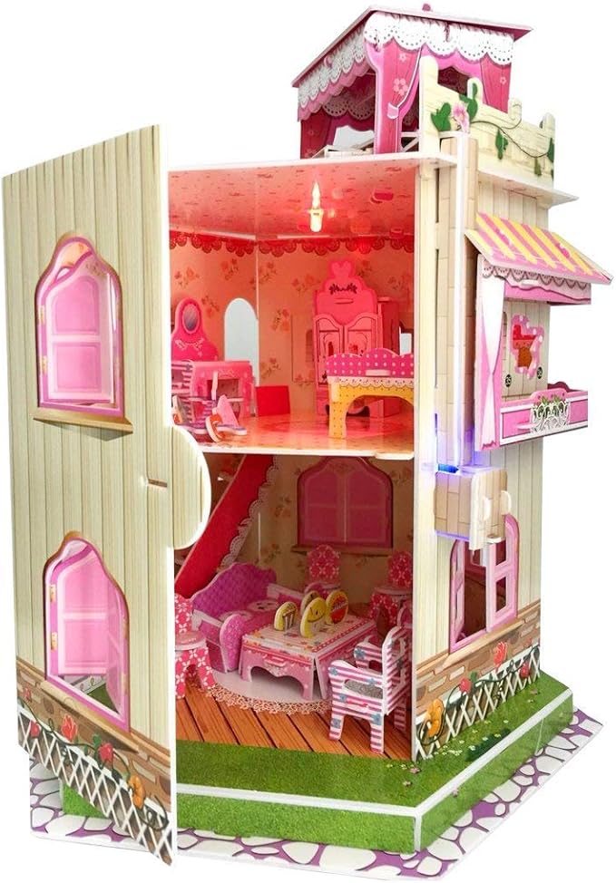 Rooftop Romance 3D Puzzle Dollhouse for Girls - Easy to Assemble 3-D Miniature Doll House Building Kit with LED Light for Kids - Educational Paper Jigsaw Puzzles - Perfect Craft Toys Gift - 101 Pcs