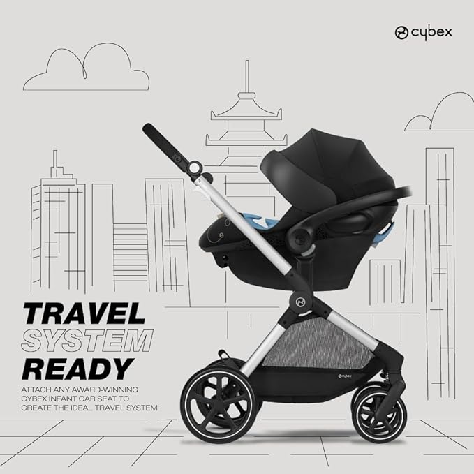 Cybex EOS 5-in-1 Travel System Stroller + Lightweight Aton G Infant Car Seat, Moon Black, Silver Frame