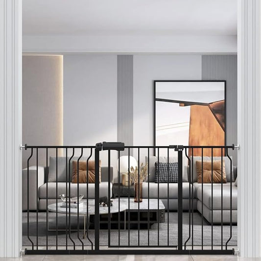 WAOWAO Baby Gate 57.48-62.20" Extra Wide Pressure Mounted Walk Through Swing Auto Close Safety Black Metal Toddler Kids Child Dog Pet Puppy for Stairs,Doorways,Kitchen
