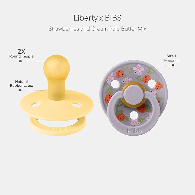 BIBS Colour Liberty Soother 2-Pack, BPA Free Dummy Pacifier, Round Nipple. Natural Rubber Latex, Made in Denmark, Size 1 (0-6 Months), Strawberries and Cream Pale Butter Mix