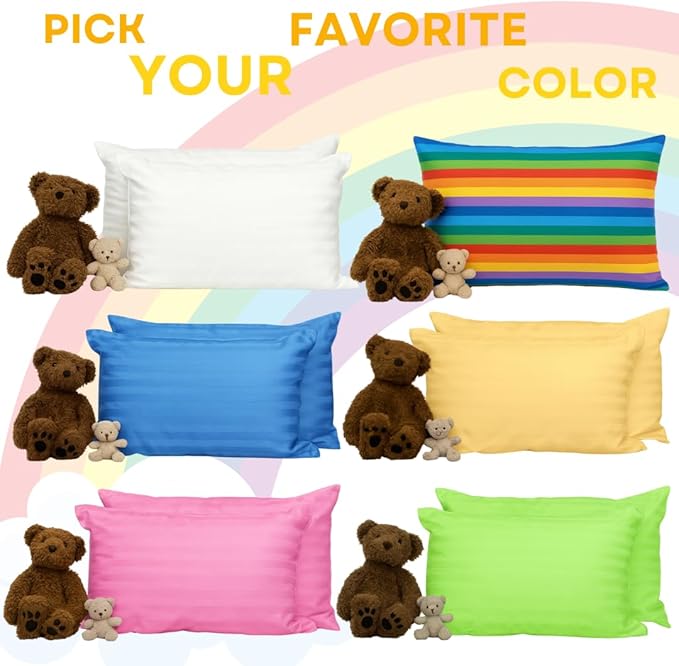 kinder Fluff Children Pillow (2Pk) 13x18in – Small Pillow for Kids Age 2+, Bright Rainbow Design, 100% Cotton Sateen Stripe 300T, Down Alternative Fill, Machine Washable, Colourful Kids Cushion - S