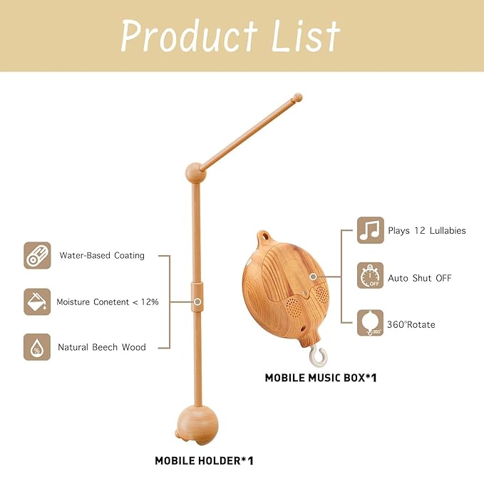 Crib Mobile Arm with Music Box,32.5 Inch Crib Mobile Stand,Wooden Mobile Arm for Crib (2 Modes,360°Adjustable,100% Beech Wood) Baby Crib Mobile for Boy and Girl