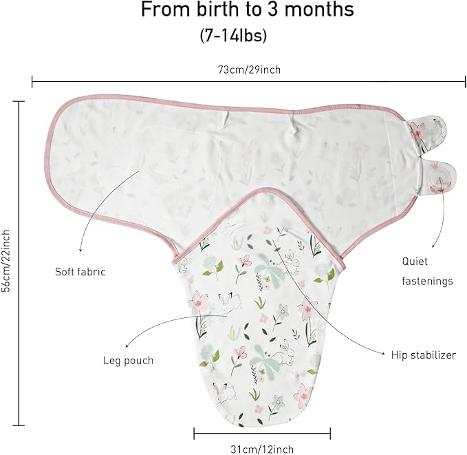Baby Swaddle Sacks, 3-Pack Newborn Organic Cotton Swaddle Wrap, Adjustable Swaddling Blankets, Nursery Swaddling Essentials for Newborn 0-3 Months, Infant Shower Items Gift (Flowers & Rabbits)