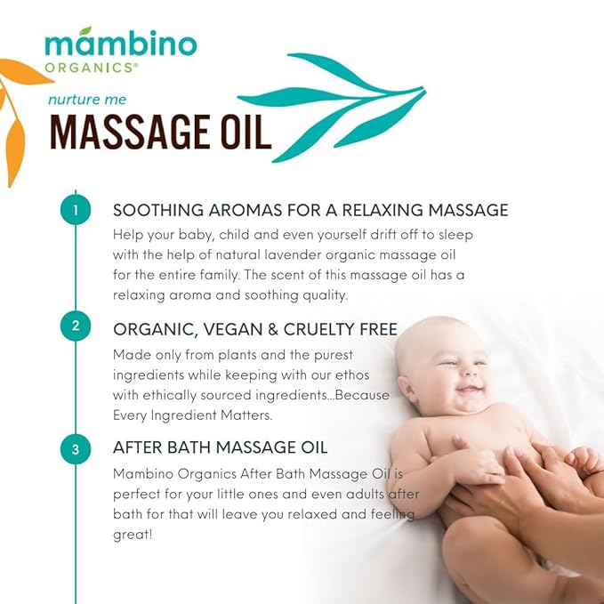 Mambino Organics Massage Baby Oil – Organic, Nourishing with Egyptian Calendula, Chamomile & Lavender – Gentle for After-Bath Relaxing – Cruelty-Free Baby Oils for Baby & Kids, 2-Pack 5 fl oz