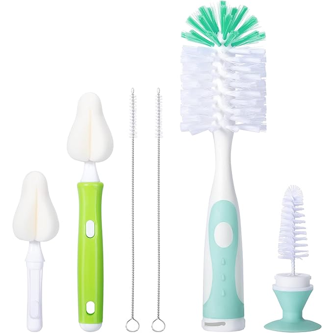Baby Bottle Brush with One Base Hidden Nylon Nipple Cleaner, 2 Pcs Sponge Nipple Brushes, 2 Pcs Straw Brushes, Bottle Brush with Nipple Cleaner and Suction Cup (Green)