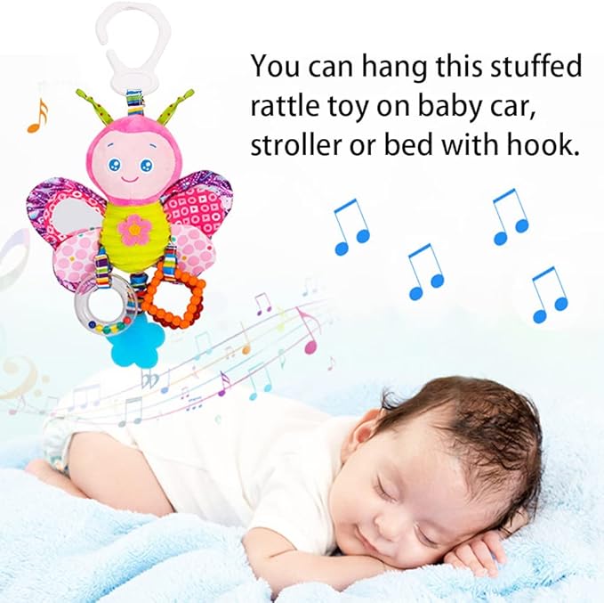 D-KINGCHY Baby Car Seat Stroller Plush Hanging Rattle Toys Newborn Crib Bed Around Toy with Teether Rattle Sound for 0-3 Years Old (Butterfly)