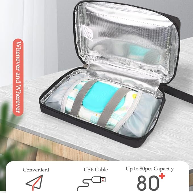 Portable USB Car Wipes Heater Warmer with Digital Display Screen,5V/10W Baby Wipes Thermostat Heating Bag,Heating Temperature Adjustable,Up to 80Pcs Wipes Capacity,for Car/Home/Travel/Camping