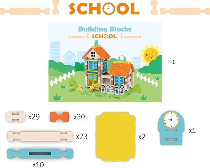 182PCS Wooden Building Blocks Set for Toddlers, Construction City Stacking Toys, Preschool Learning Educational Toys for Kids 3+ Years Girls and Boys (School)