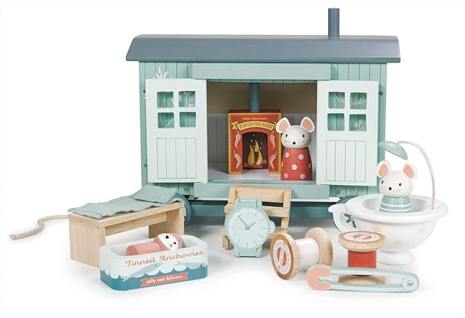 Tender Leaf Toys - Secret Meadow Shepherd’s Hut - Portable Furnished Wooden Shepherd’s Hut on Wheels with 11 Pcs Accessories and 3 Mice Dolls - Open-Ended Play and Story Tellings - Age 3+